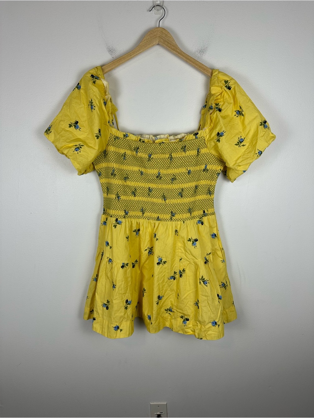 By Anthropologie Puff-Sleeve Square-Neck Smocked Mini Dress Sz L - Picture 2 of 10